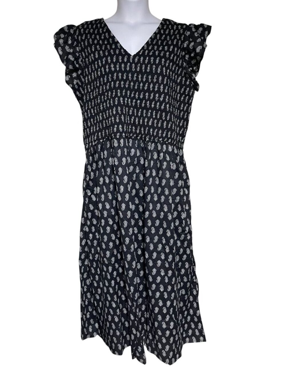 Léa Womens Smocked Paisley Flutter Sleeve Midi Dress Black White Size 2X Cotton